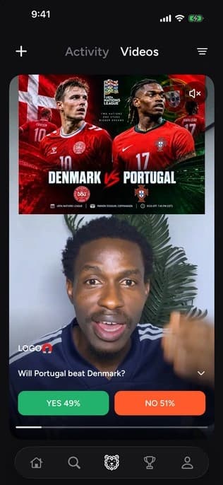 Creator LOGO discussing Denmark versus Portugal in Asta, with the Portugal-to-win market directly below his video